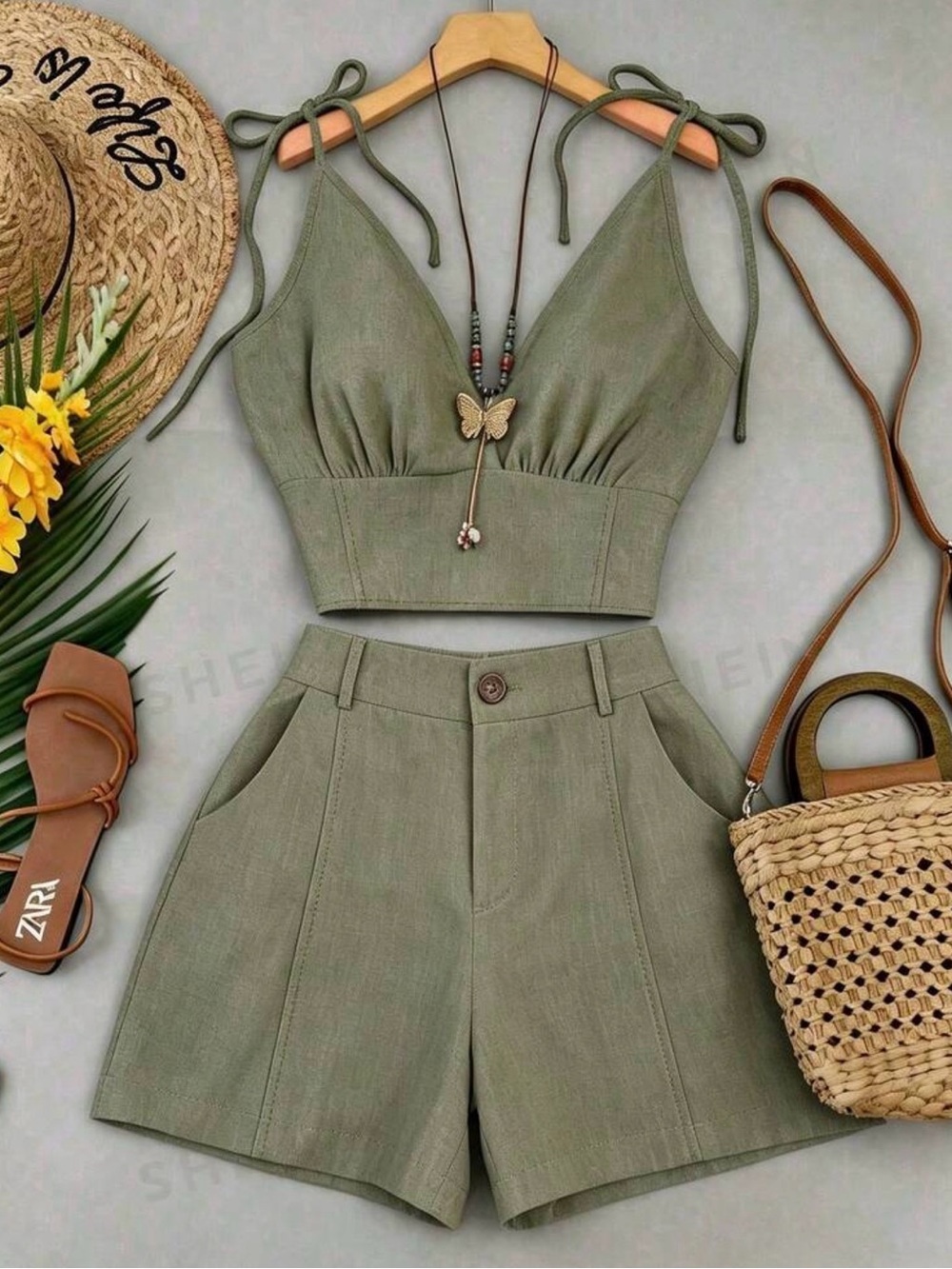 Olive Green Tie-Strap Crop Top & High-Waist Shorts Set